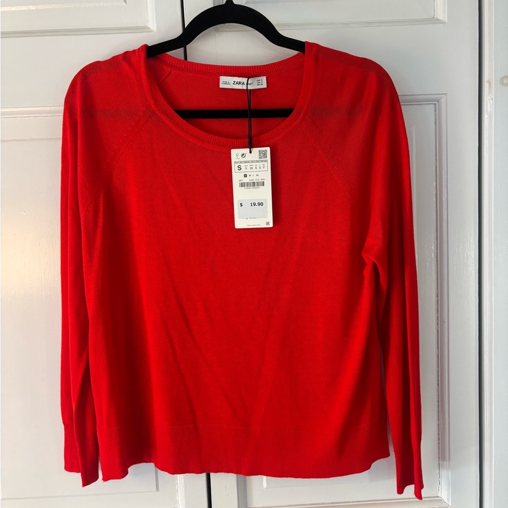 ZARA Red Featherweight, Fine-Knit, Round-Neck Pullover Sweater, Small | NWT